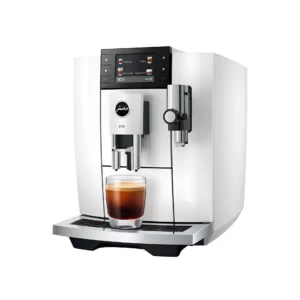 Ekspres do Kawy JURA E8 ED | Najnowsza Odsłona | 27 specjałów, Hot Brew, Light Brew, Sweet Foam, młynek P.A.G.2 i Coffee Timer | Piano White | Bok |Dynamic24 Bielsko-Biała