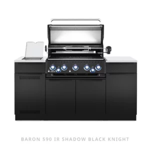 Wyspowa Kuchnia Ogrodowa z Grillem do Zabudowy Broil King Baron 590 IR Shadow w najnowszym malowaniu proszkowym Black Knight | 5 palników głównych, Palnik IR na podczerwień, Pełen Zestaw Rożna Obrotowego z tylnym palnikiem | Otwarty | Dynamic24 Bielsko-Biała