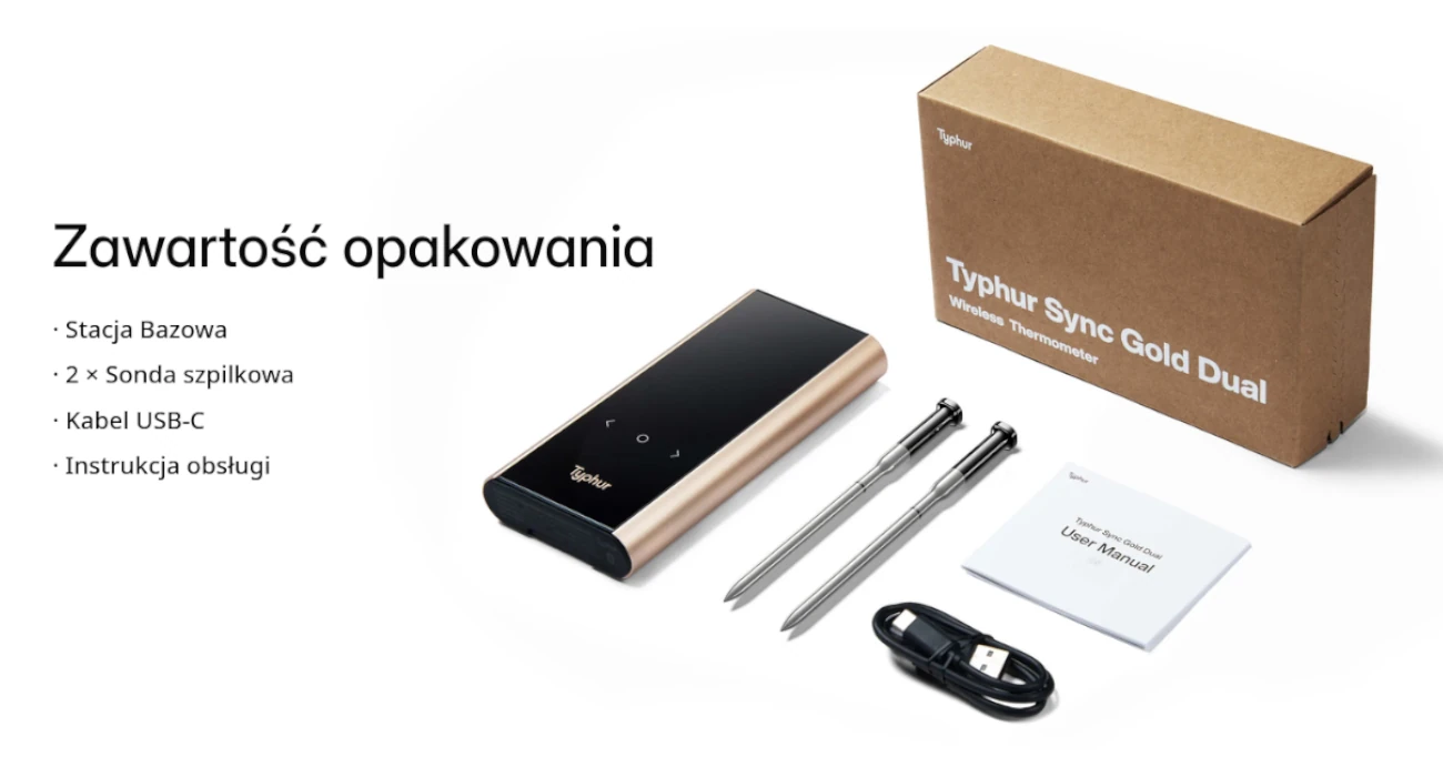 Zawartość opakowania termometru Typhur Sync Gold Dual