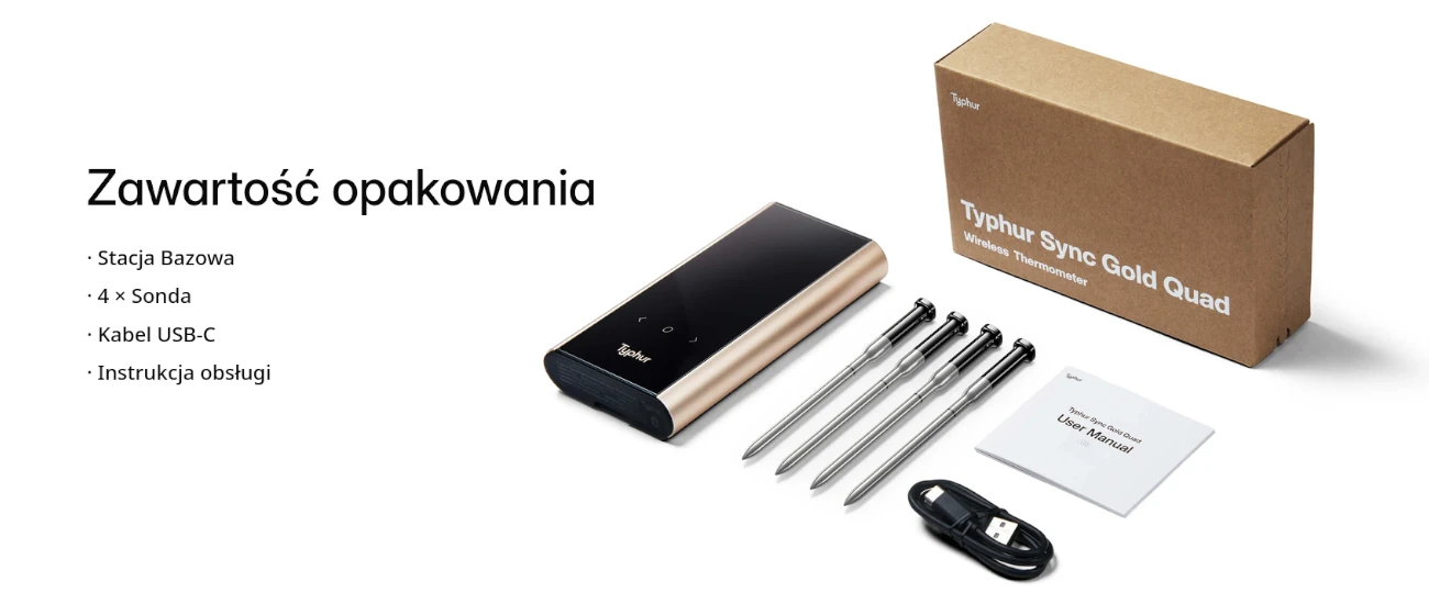 Pełna zawartość opakowania termometru Typhur Sync Gold Quad